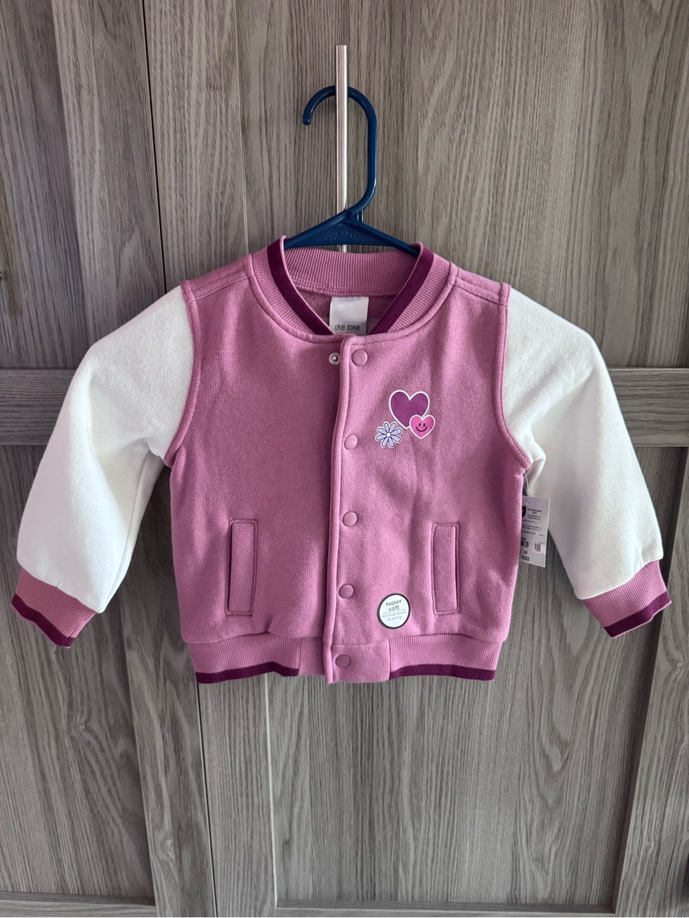 NWT Okie Dokie Pink & White Varsity Heart Patch Sweatshirt Jacket - Size 2T